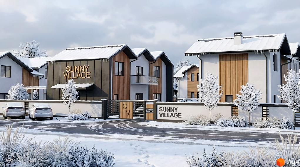Зовнішній вигляд житлового комплексу Sunny Village з сучасними котеджами та прибудинковою територією, засніжений пейзаж.