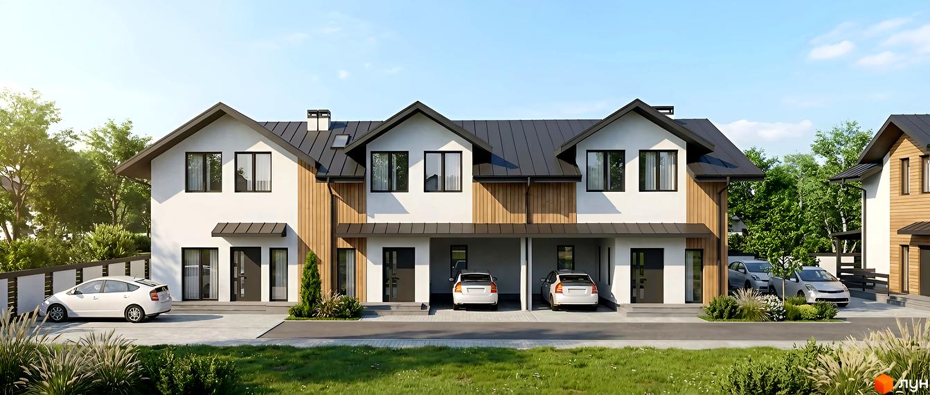 Зовнішній вигляд котеджного комплексу Sunny Village з парковкою для автомобілів та зеленими насадженнями на прибудинковій території.