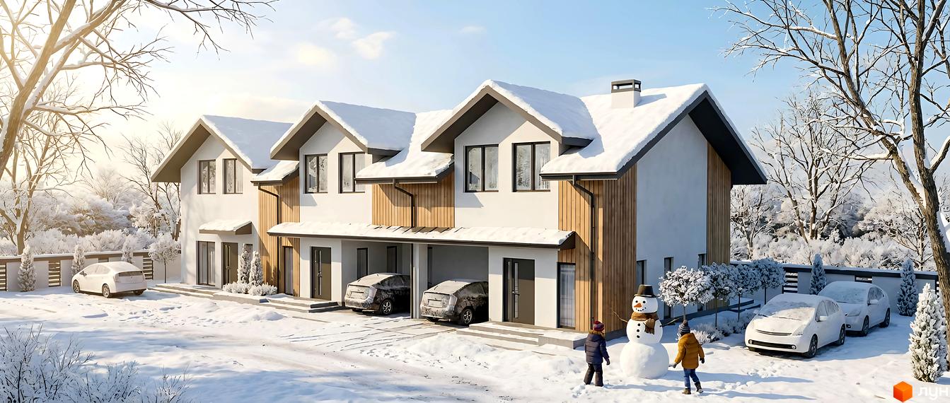Зовнішній вигляд котеджного комплексу КМ Sunny Village з снігом, прибудинкова територія з автомобілями та сніговиком.