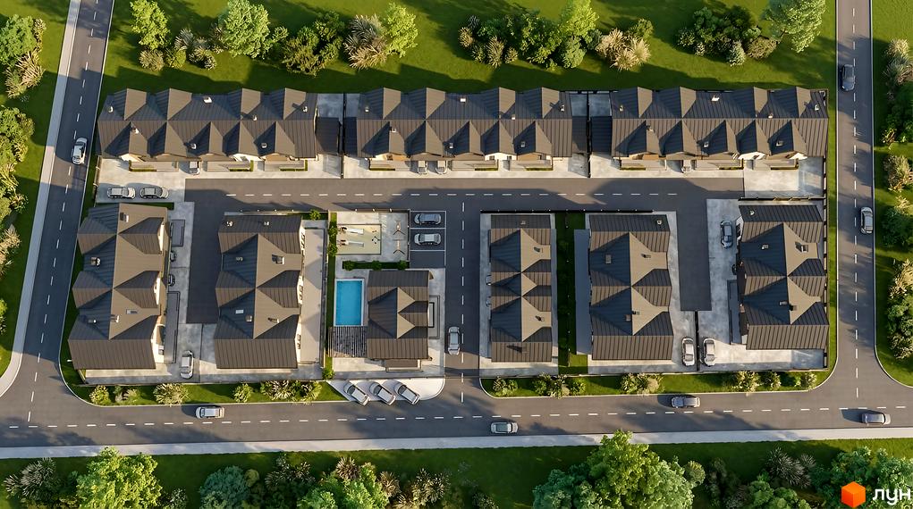 Вид на житловий комплекс КМ Sunny Village з висоти. На зображенні видно котеджі та прибудинкову територію з басейном і зеленими насадженнями.