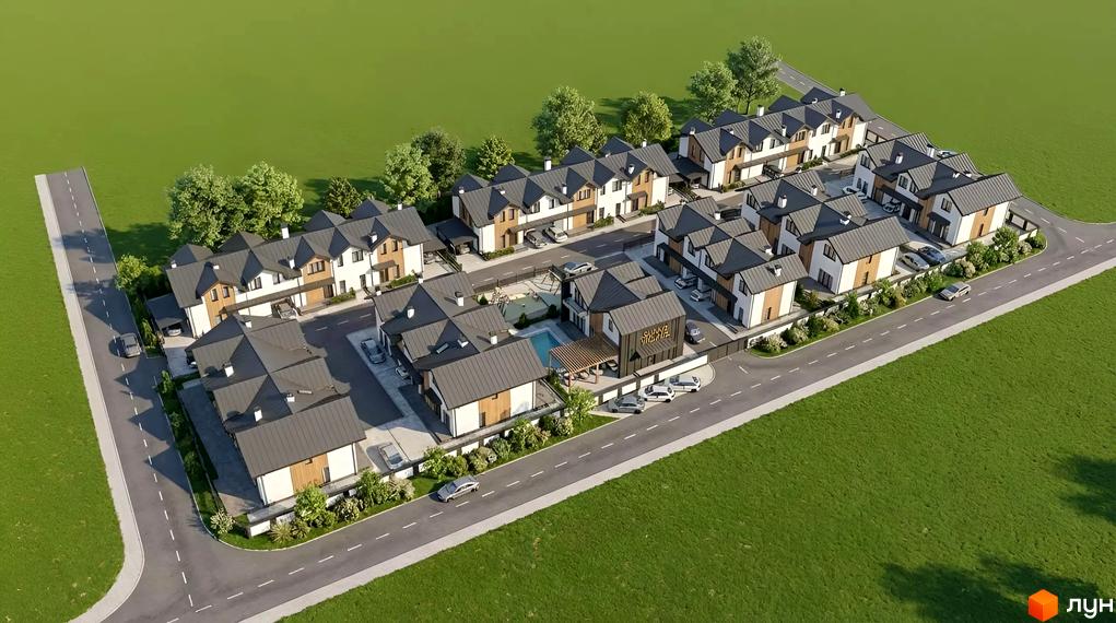 Житловий комплекс КМ Sunny Village з котеджами, облаштованою прибудинковою територією та зеленими насадженнями.