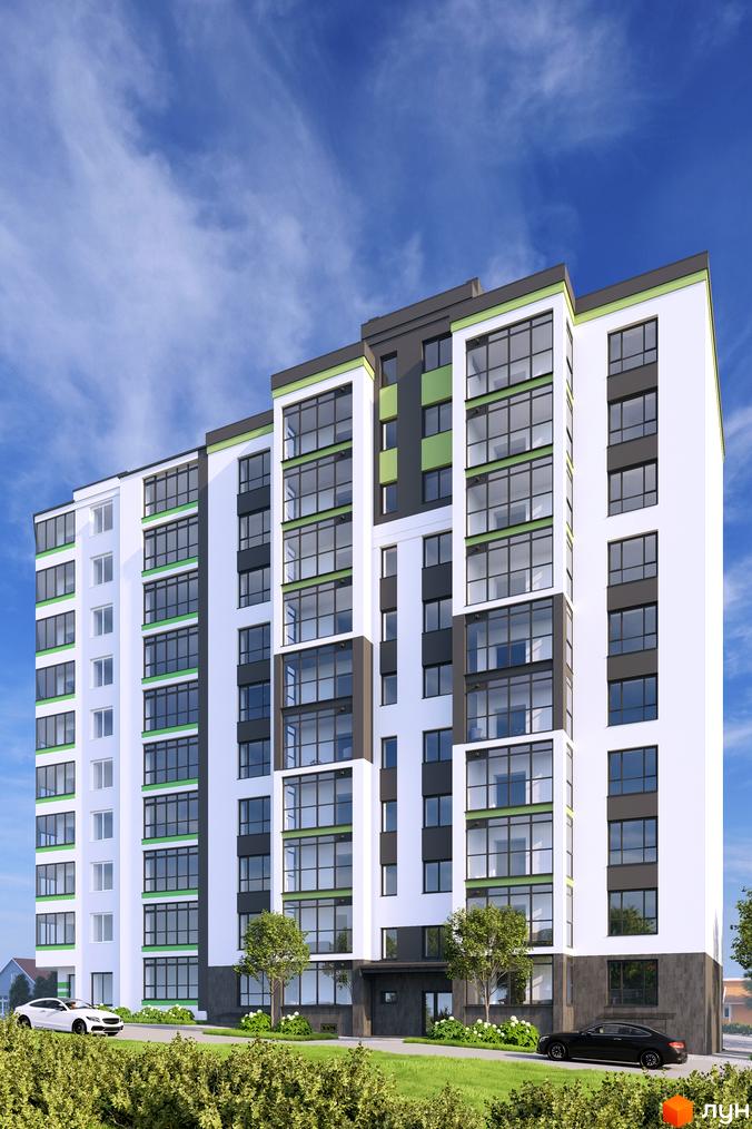 Житловий комплекс IKIGAY-4 з сучасною архітектурою та великими вікнами, прибудинкова територія з зеленими насадженнями.