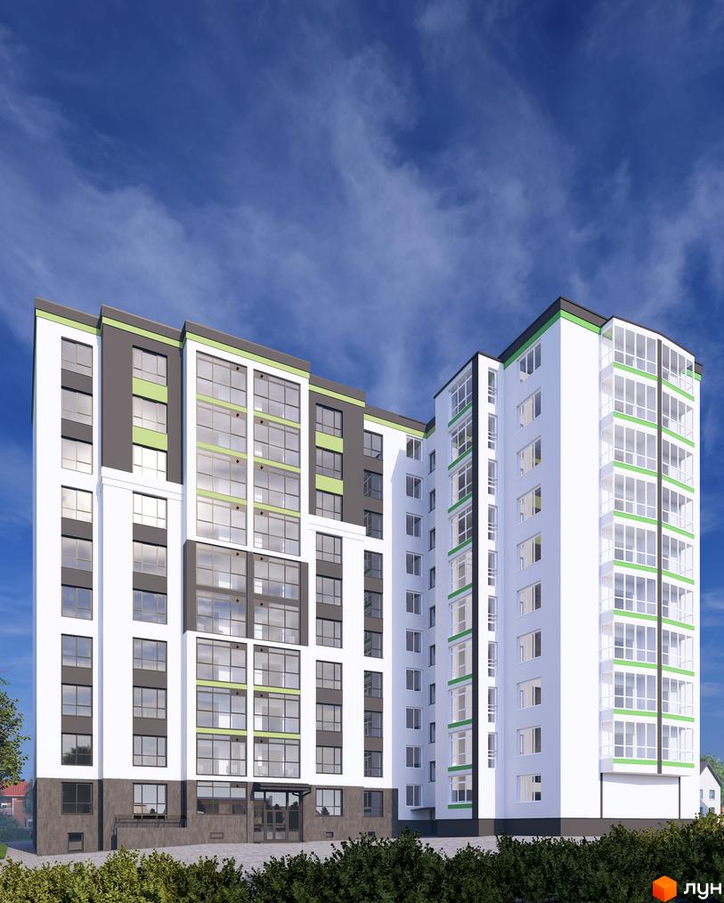 Житловий комплекс IKIGAY-4 з сучасним фасадом та великими вікнами, прибудинкова територія з зеленими насадженнями.