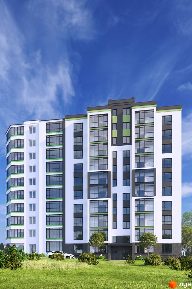 Житловий комплекс IKIGAY-4 з сучасним фасадом та великими вікнами. Прибудинкова територія з зеленими насадженнями та автомобілем.