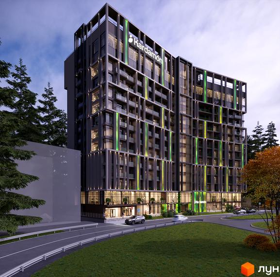 Апарт-комплекс KARDAMON LIFESTYLE RESORT & SPA з сучасною фасадною обробкою та прибудинковою територією, озелененою деревами.