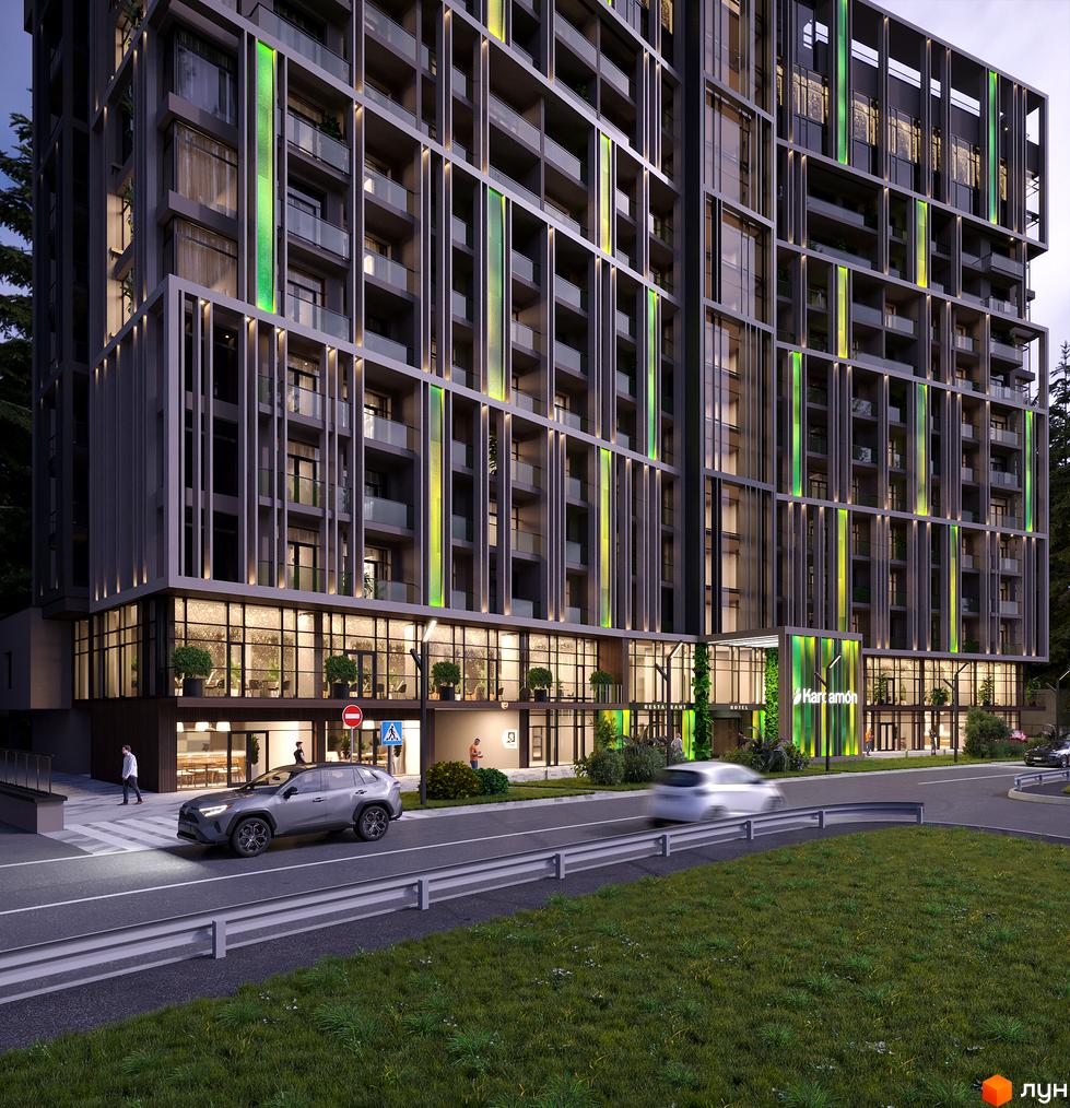 Зовнішній вигляд Апарт-комплексу KARDAMON LIFESTYLE RESORT & SPA з сучасними балконами та прибудинковою територією з зеленими насадженнями.