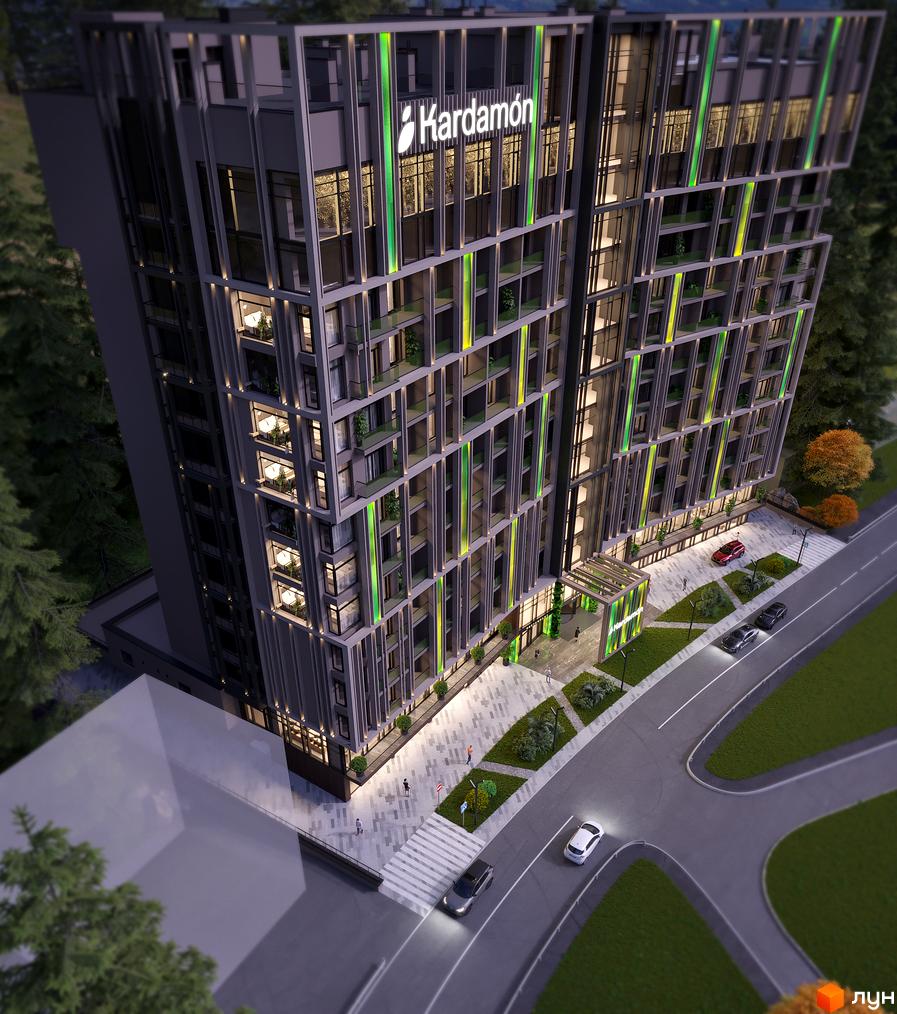 Апарт-комплекс KARDAMON LIFESTYLE RESORT & SPA з сучасною архітектурою та прибудинковою територією, озелененням і парковими зонами.