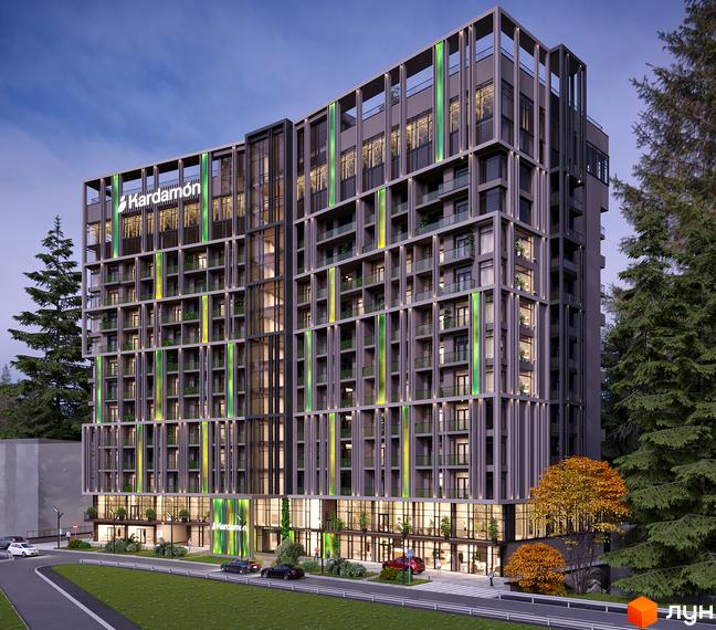 Апарт-комплекс KARDAMON LIFESTYLE RESORT & SPA з сучасною архітектурою та зеленими акцентами, прибудинкова територія з ландшафтним дизайном.
