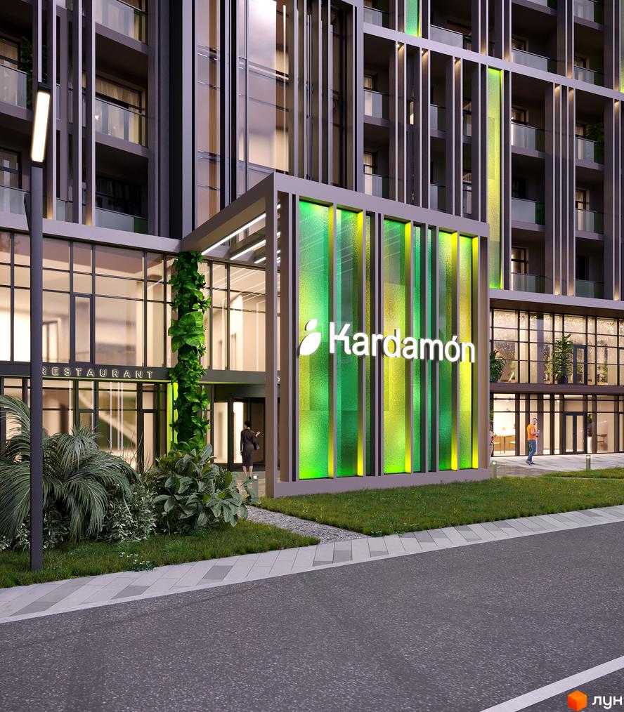Вхідна група Апарт-комплексу KARDAMON LIFESTYLE RESORT & SPA з зеленими елементами та прибудинковою територією.