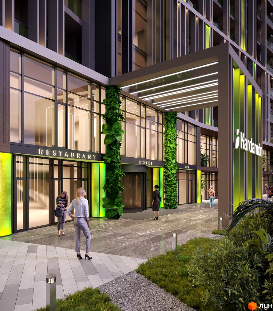 Вхідна зона Апарт-комплексу KARDAMON LIFESTYLE RESORT & SPA з рослинністю та сучасними елементами. Прибудинкова територія з доріжками та зеленими насадженнями.