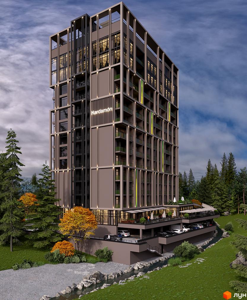 Апарт-комплекс KARDAMON LIFESTYLE RESORT & SPA з сучасним фасадом та прибудинковою територією з зеленими насадженнями.