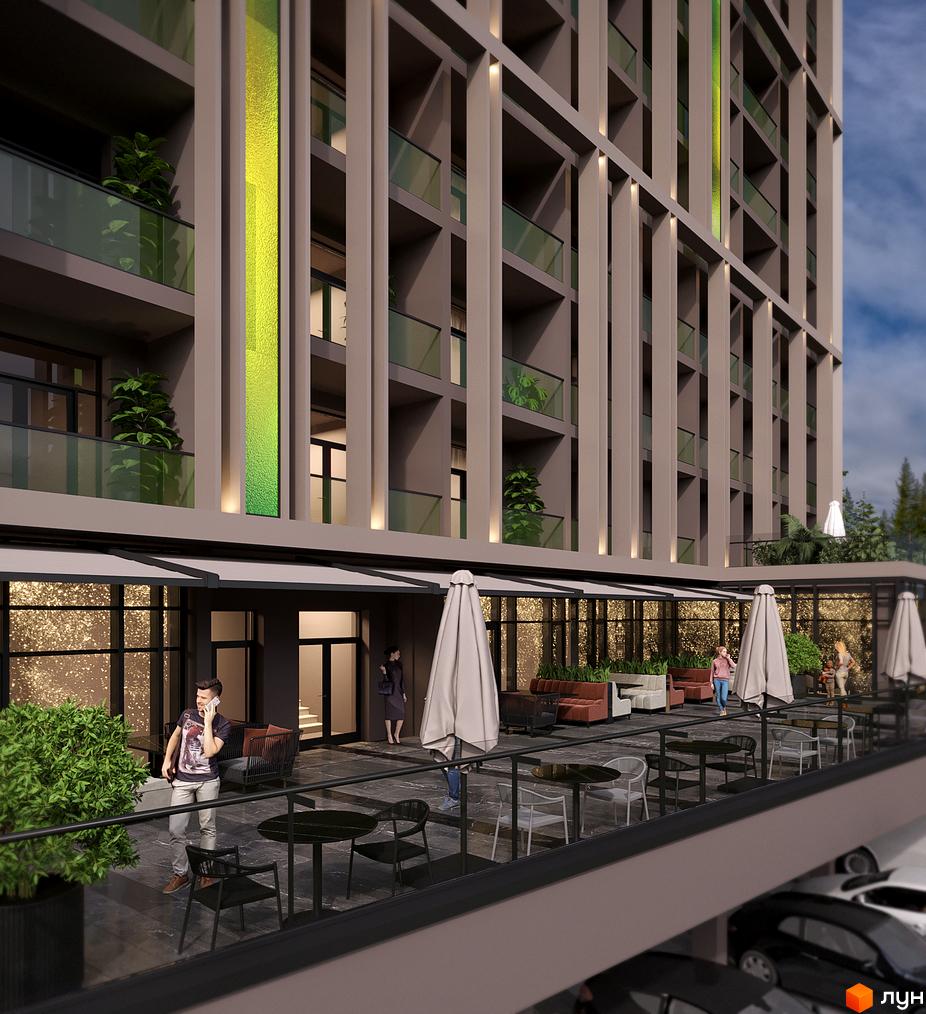 Зовнішній вигляд Апарт-комплексу KARDAMON LIFESTYLE RESORT & SPA з балконами та прибудинковою територією з зонами відпочинку.