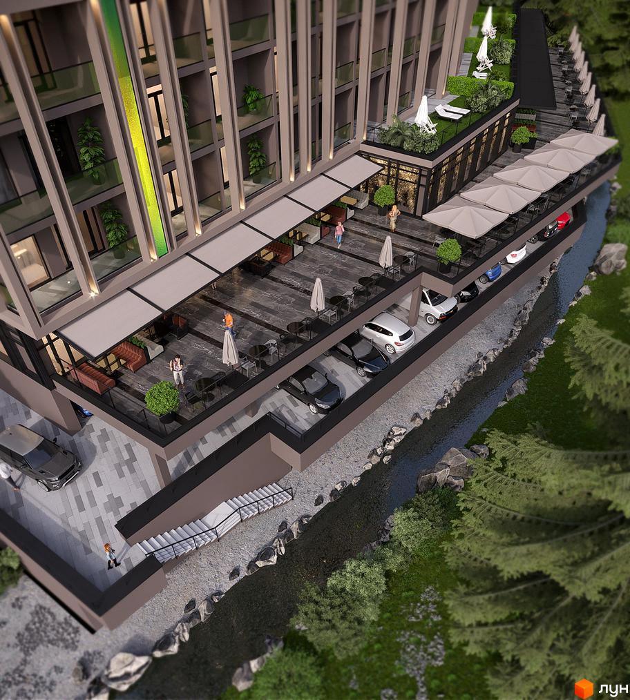 Апарт-комплекс KARDAMON LIFESTYLE RESORT & SPA з терасою та парковкою. Прибудинкова територія з зеленими насадженнями та пішохідними доріжками.