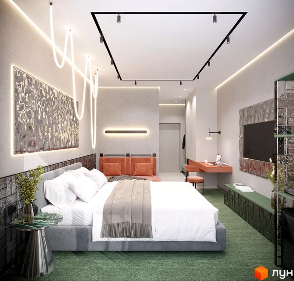 Сучасний номер у Апарт-комплекс KARDAMON LIFESTYLE RESORT & SPA з комфортним ліжком та стильними елементами декору.