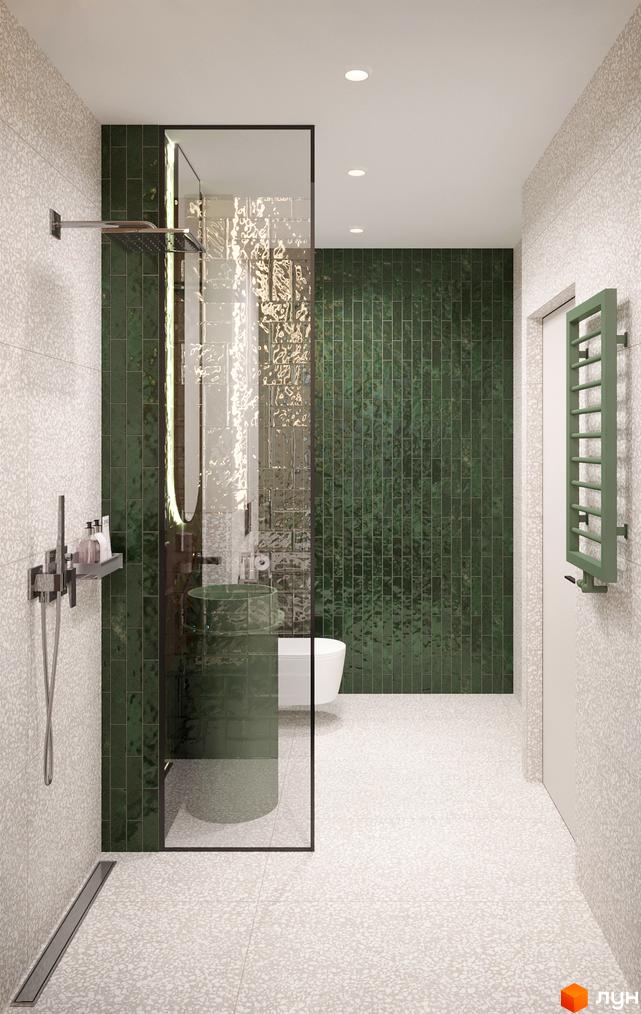 Сучасна ванна кімната в Апарт-комплекс KARDAMON LIFESTYLE RESORT & SPA з зеленими плитками та душовою кабіною.