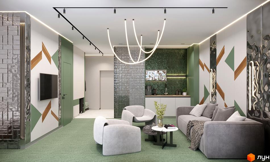 Сучасний інтер'єр апартаментів Апарт-комплекс KARDAMON LIFESTYLE RESORT & SPA з зоною відпочинку та кухнею.