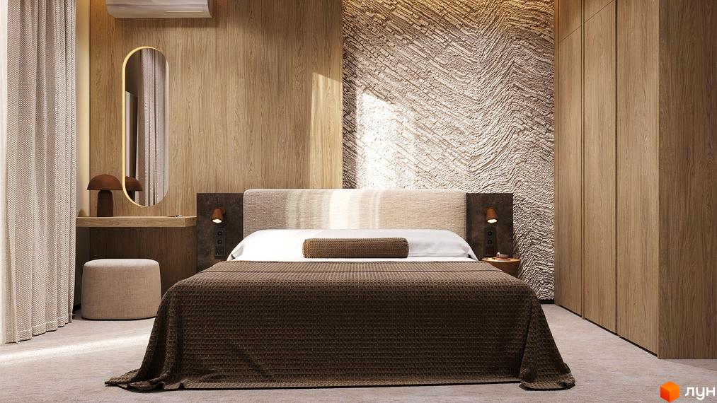 Сучасна спальня в ЖК Logos Home Apartment з дерев'яними елементами та м'яким освітленням. Затишна атмосфера з меблями та текстилем нейтральних відтінків.