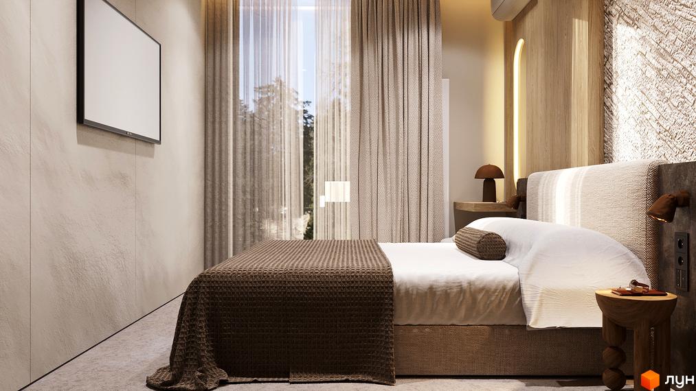 Сучасна спальня в житловому комплексі ЖК Logos Home Apartment з великими вікнами та затишним інтер'єром.