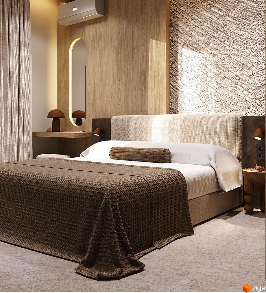 Спальня в Новобудові Logos Home Apartment з ліжком, дерев'яними панелями та текстурованою стіною. Інтер'єр доповнюють дзеркало з підсвічуванням та приліжкові лампи.