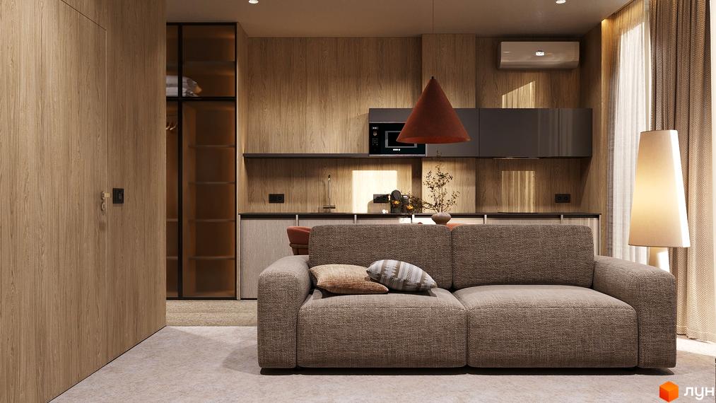 Сучасна кухня з м'яким диваном у житловому комплексі Logos Home Apartment, з дерев'яними елементами та затишним освітленням.