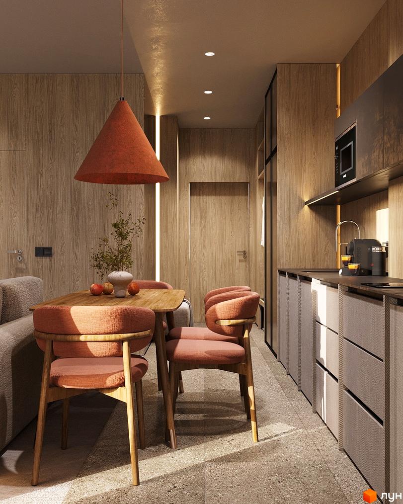 Інтер'єр кухні в ЖК Logos Home Apartment з обіднім столом та стільцями. Сучасні меблі та освітлення створюють затишну атмосферу.
