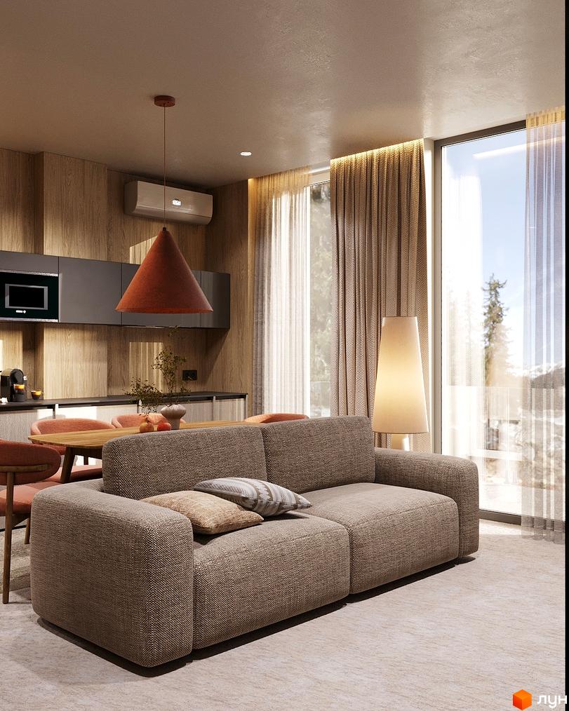 Сучасна вітальня у житловому комплексі Logos Home Apartment з комфортним диваном та обіднім столом. Великі вікна забезпечують природне освітлення.