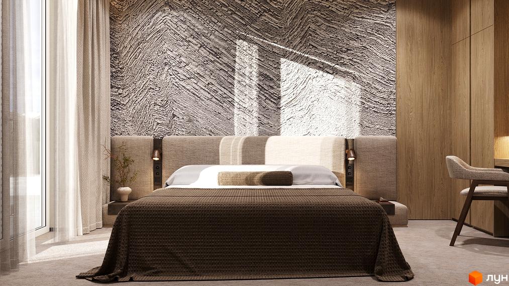 Сучасна спальня з ліжком, оформленим в нейтральних тонах, та дерев'яними елементами. Вікно забезпечує природне освітлення та затишну атмосферу.