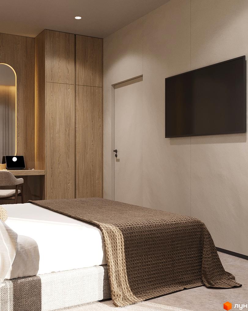 Спальня в ЖК Logos Home Apartment з телевізором на стіні та дерев'яними шафами. Дизайн інтер'єру новобудови.