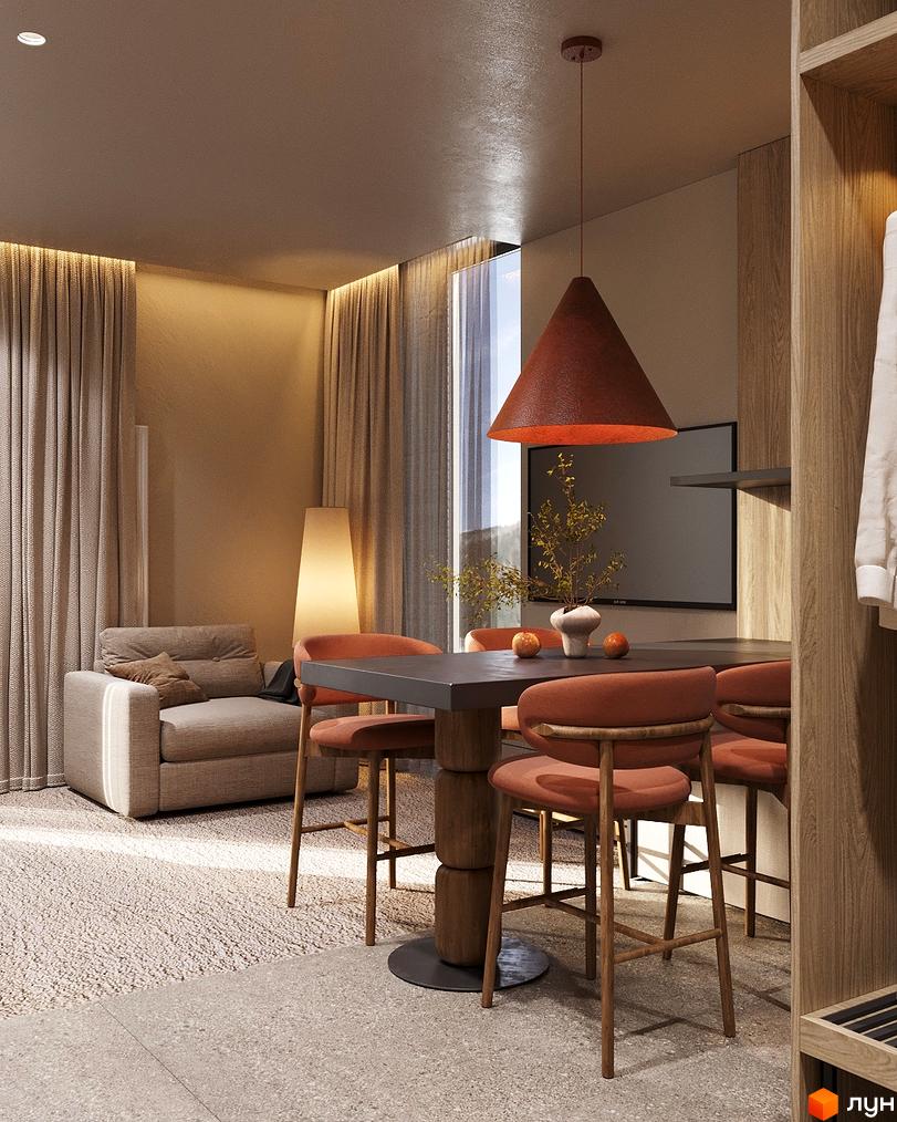 Сучасна кухня в ЖК Logos Home Apartment з обіднім столом та стільцями, м'який диван і великі вікна для природного світла.