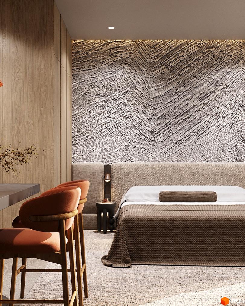 Сучасна спальня з двоспальним ліжком та стильними меблями. Відкритий простір з елементами дерев'яного декору.