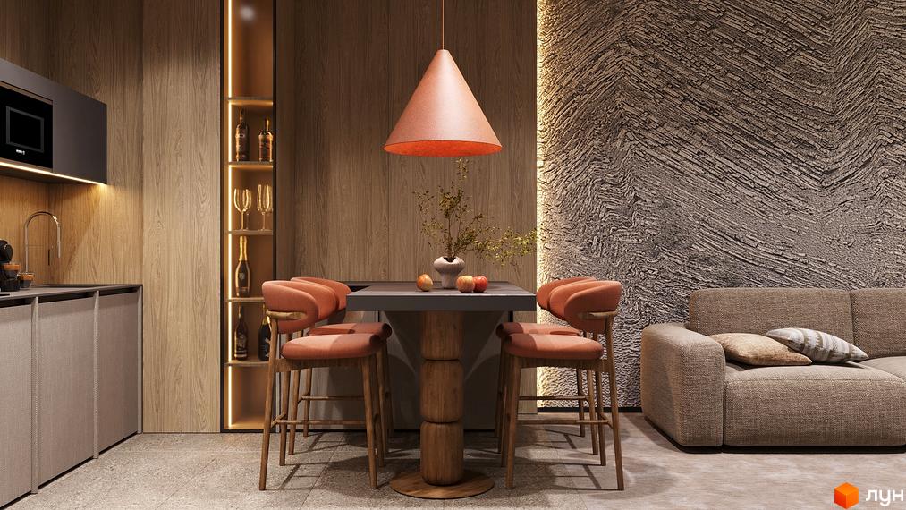 Сучасна кухня з обіднім столом та стільцями, оформлена в теплих тонах. Затишна обстановка з елементами декору на столі.