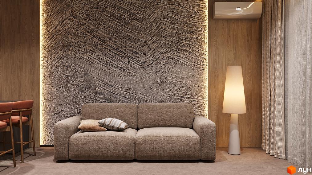 Інтер'єр вітальні Житловий комплекс Logos Home Apartment: бежевий диван, текстурована стіна з підсвічуванням, дерев'яні панелі та торшер.