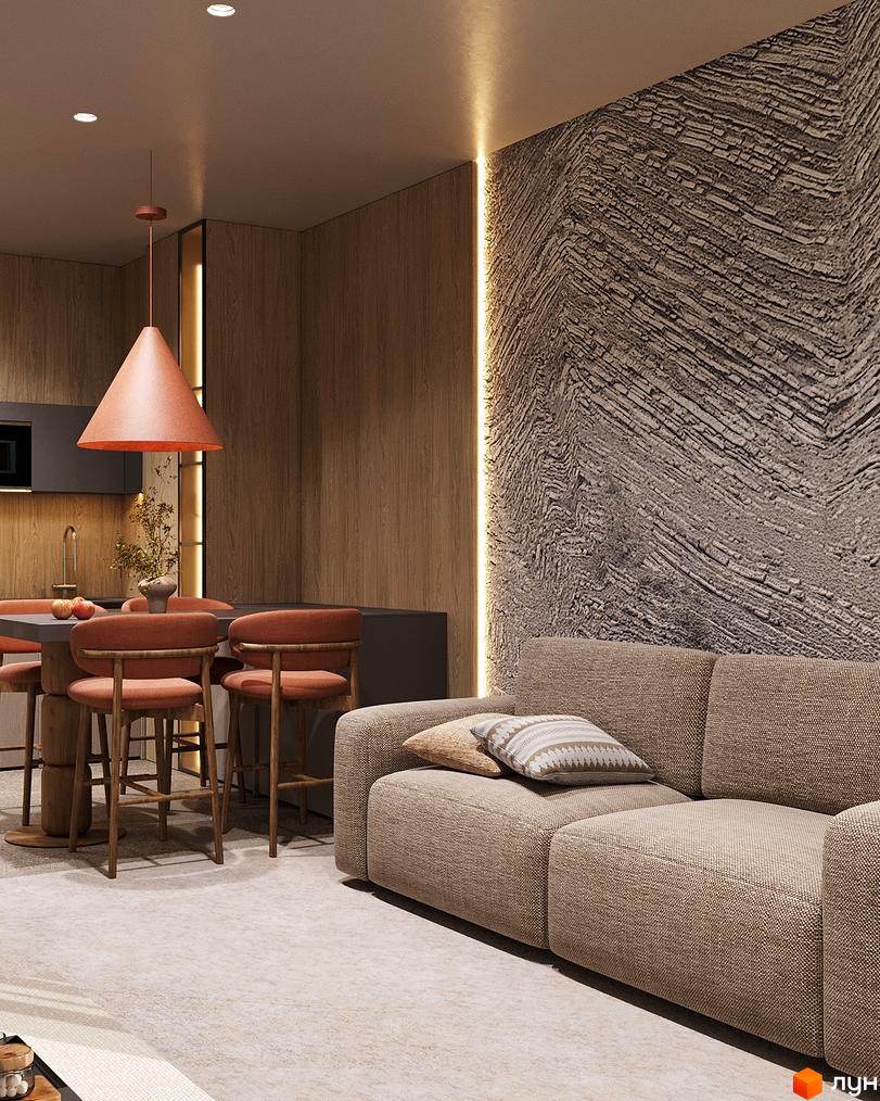 Сучасна кухня з обіднім столом та стільцями, затишний диван у вітальні, стильне освітлення та текстуровані стіни.