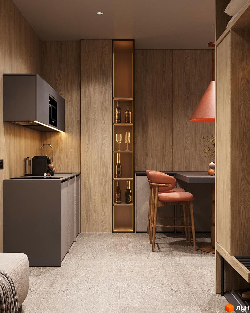 Сучасна кухня в ЖК Logos Home Apartment з дерев'яними стінами та стильними меблями. Простора зона для обіду з барними стільцями.