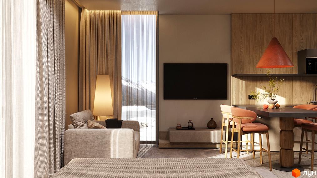 Сучасна вітальня з великими вікнами, м'яким диваном та обіднім столом. Світлі тони та природне освітлення створюють затишну атмосферу.