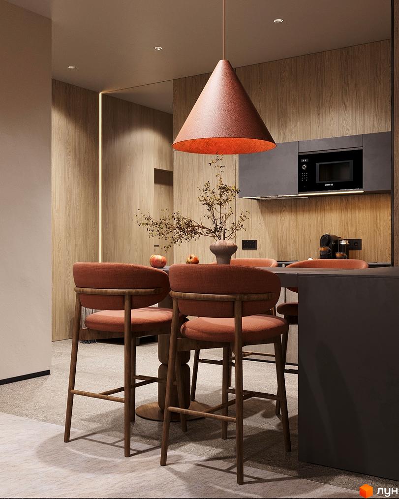Сучасна кухня з барними стільцями, дерев'яними елементами та підвісним світильником. Простора зона для приготування їжі з побутовою технікою.