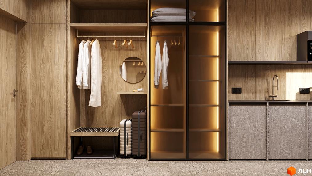 Інтер'єр квартири в ЖК Logos Home Apartment з дерев'яними панелями, шафами та багажем на підлозі.