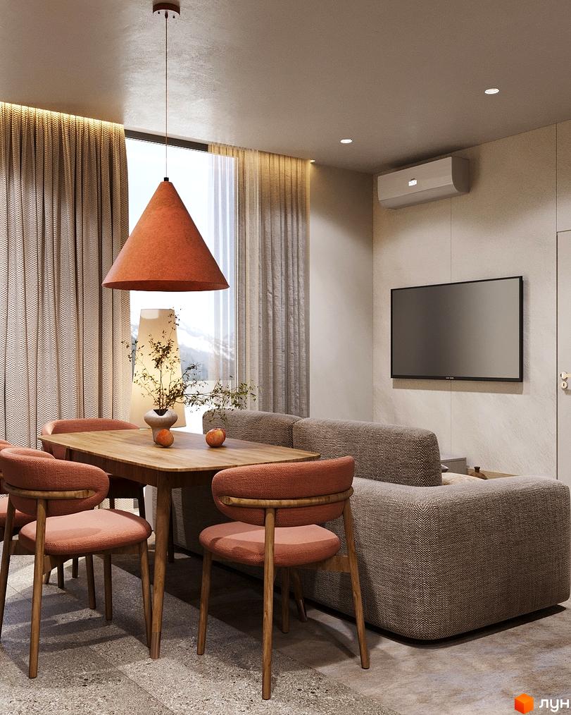 Інтер'єр квартири в житловому комплексі Logos Home Apartment з обіднім столом і м'яким диваном.