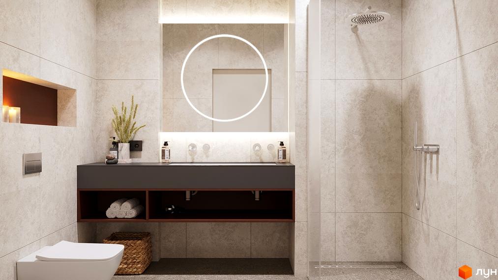 Сучасна ванна кімната з білою сантехнікою та стильним дзеркалом. Просторий інтер'єр з натуральними матеріалами та елементами декору.