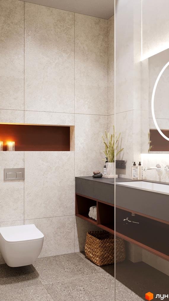 Сучасна ванна кімната з плиткою світлого кольору та функціональними меблями. Встановлені раковина і унітаз, є декоративні елементи.