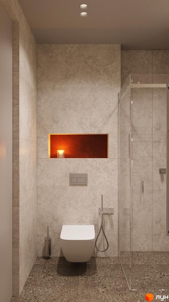 Сучасний санвузол з душовою кабіною та стильними елементами. Використані нейтральні кольори та якісні матеріали.