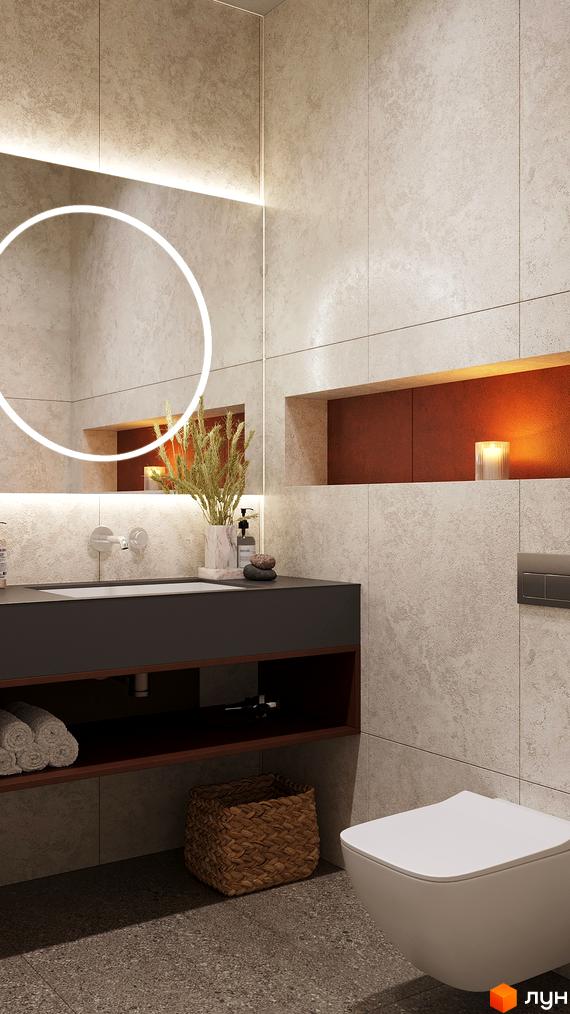 Сучасний санвузол з дзеркалом та підсвіткою. Внутрішнє оздоблення з плитки та дерев'яними елементами.