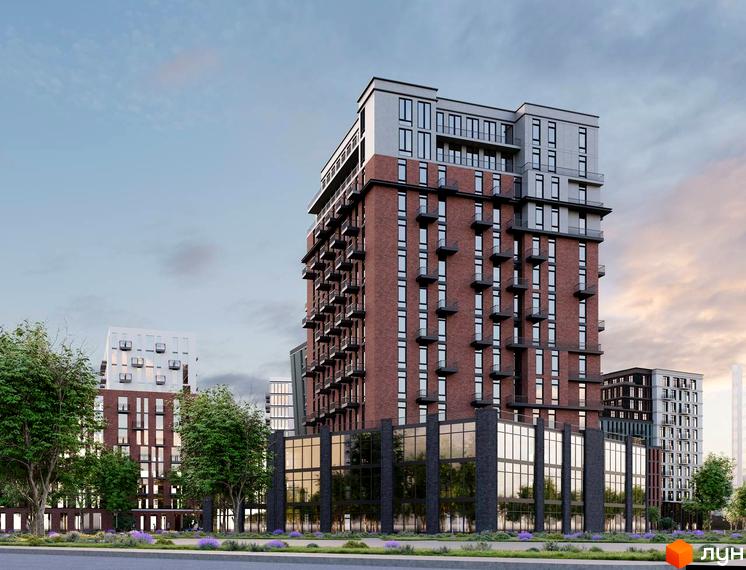 Житловий комплекс Пространство Eco City з сучасною архітектурою та прибудинковою територією з зеленими насадженнями.