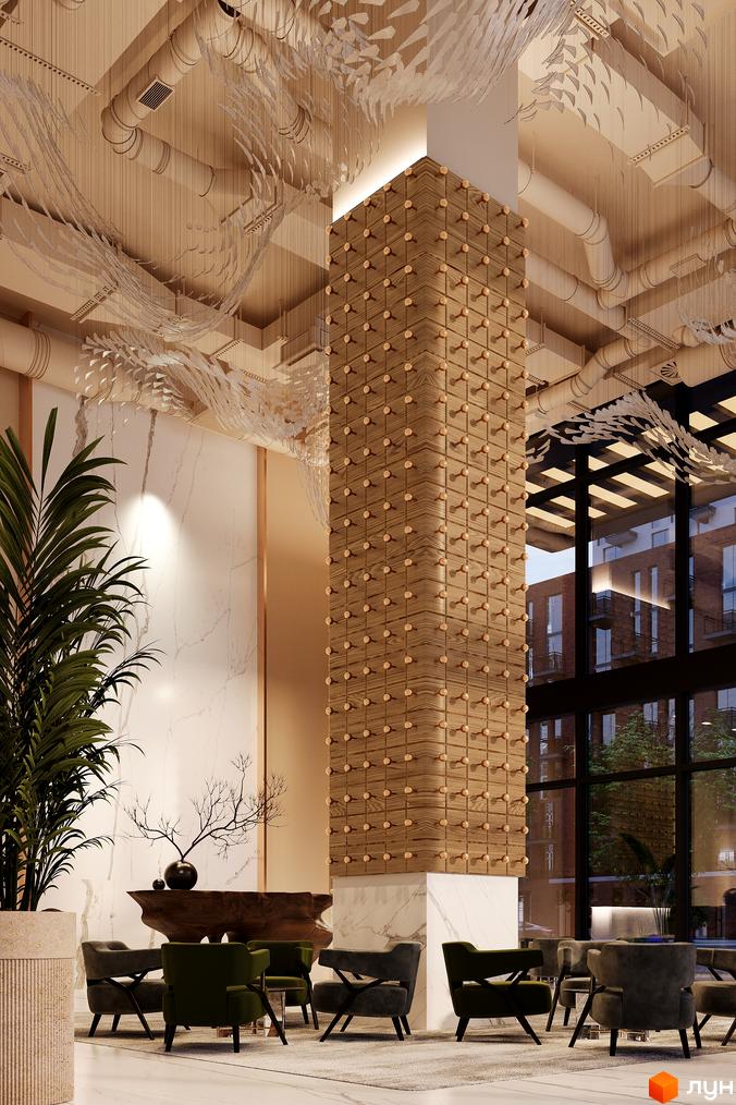 Сучасний інтер'єр житлового комплексу Пространство Eco City з дерев'яними елементами та комфортними зонами для відпочинку.