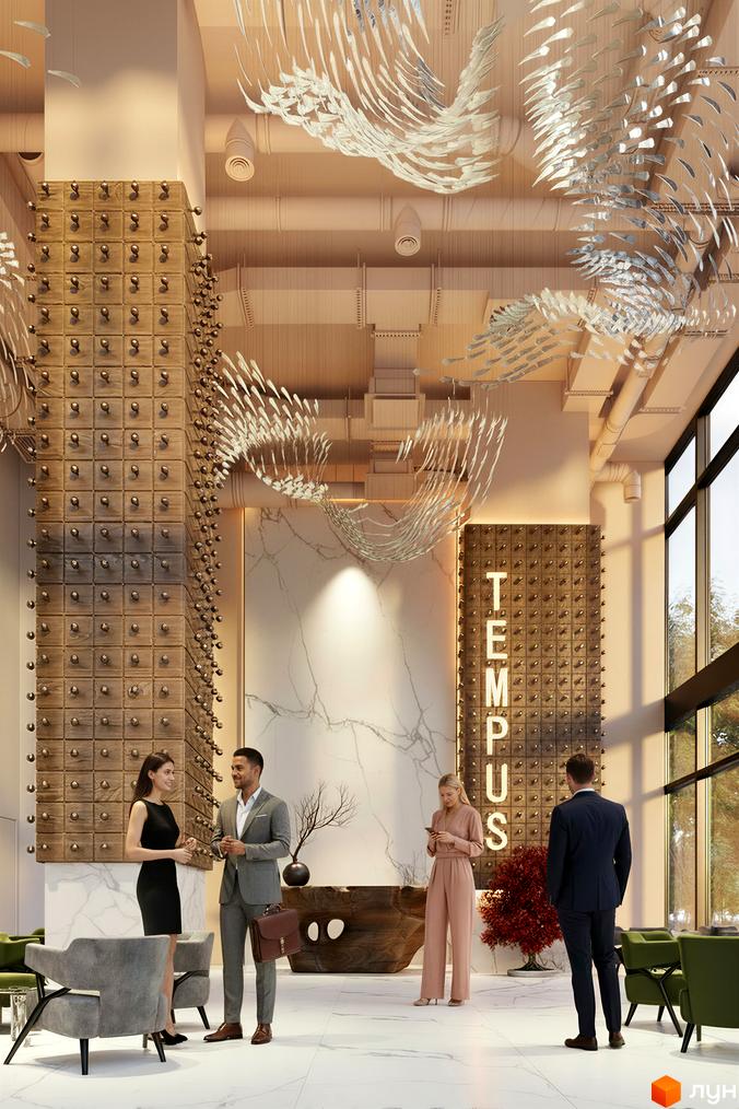 Сучасний інтер'єр житлового комплексу Пространство Eco City з елементами декору та зони відпочинку.