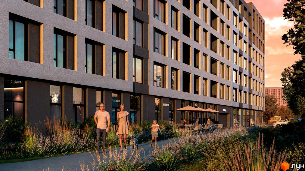 Житловий комплекс CONTINENT STREET з сучасним фасадом та прибудинковою територією, де гуляють люди та відпочивають на терасі.
