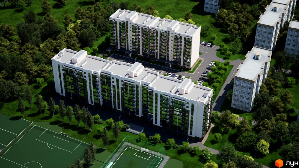 Житловий комплекс Добробуд з сучасними будинками та зеленими прибудинковими територіями. Вид на спортивне поле та парковку.