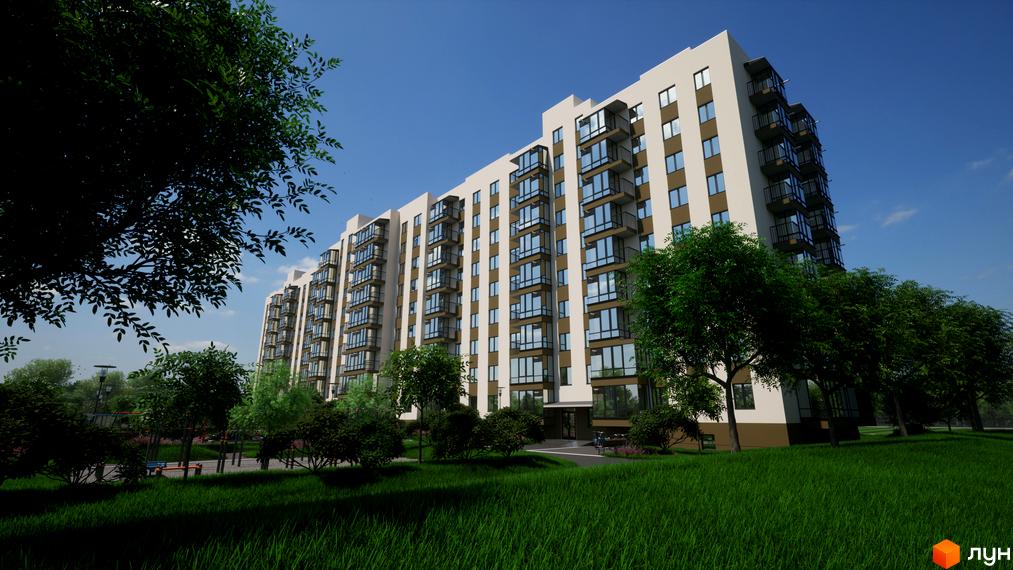 Житловий комплекс Добробуд з сучасним фасадом та балконами. Прибудинкова територія з зеленими насадженнями та зонами для відпочинку.