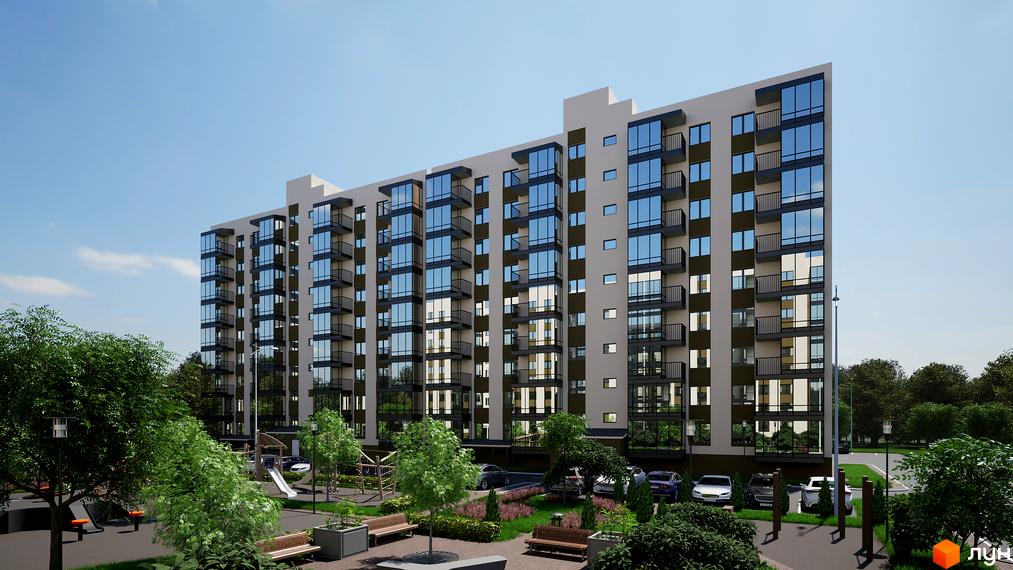 Зовнішній вигляд житлового комплексу Добробуд з балконами та великими вікнами. Прибудинкова територія з зеленими насадженнями та дитячим майданчиком.