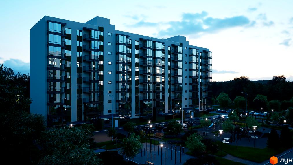 Житловий комплекс Добробуд з сучасними балконами та великими вікнами. Прибудинкова територія з зеленими насадженнями та дитячим майданчиком.